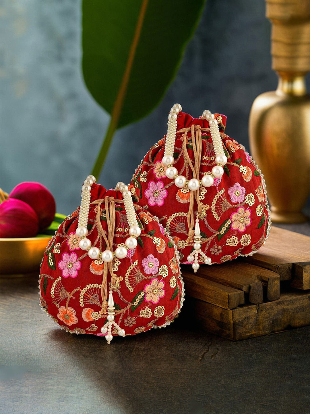 

Kuber Industries Set Of 2 Embellished Potli Clutches, Maroon