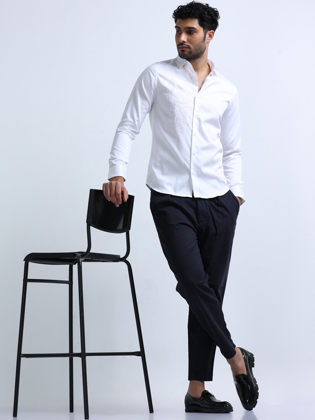 

FLY 69 Premium Slim Fit Floral Embroidered Pure Cotton Casual Shirt, White