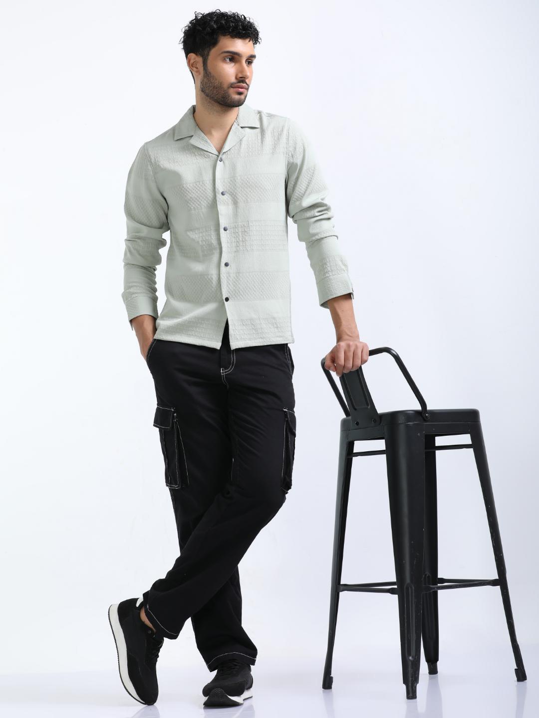 

FLY 69 Premium Boxy Textured Cuban Collar Cotton Knitted Lycra Casual Shirt, Green