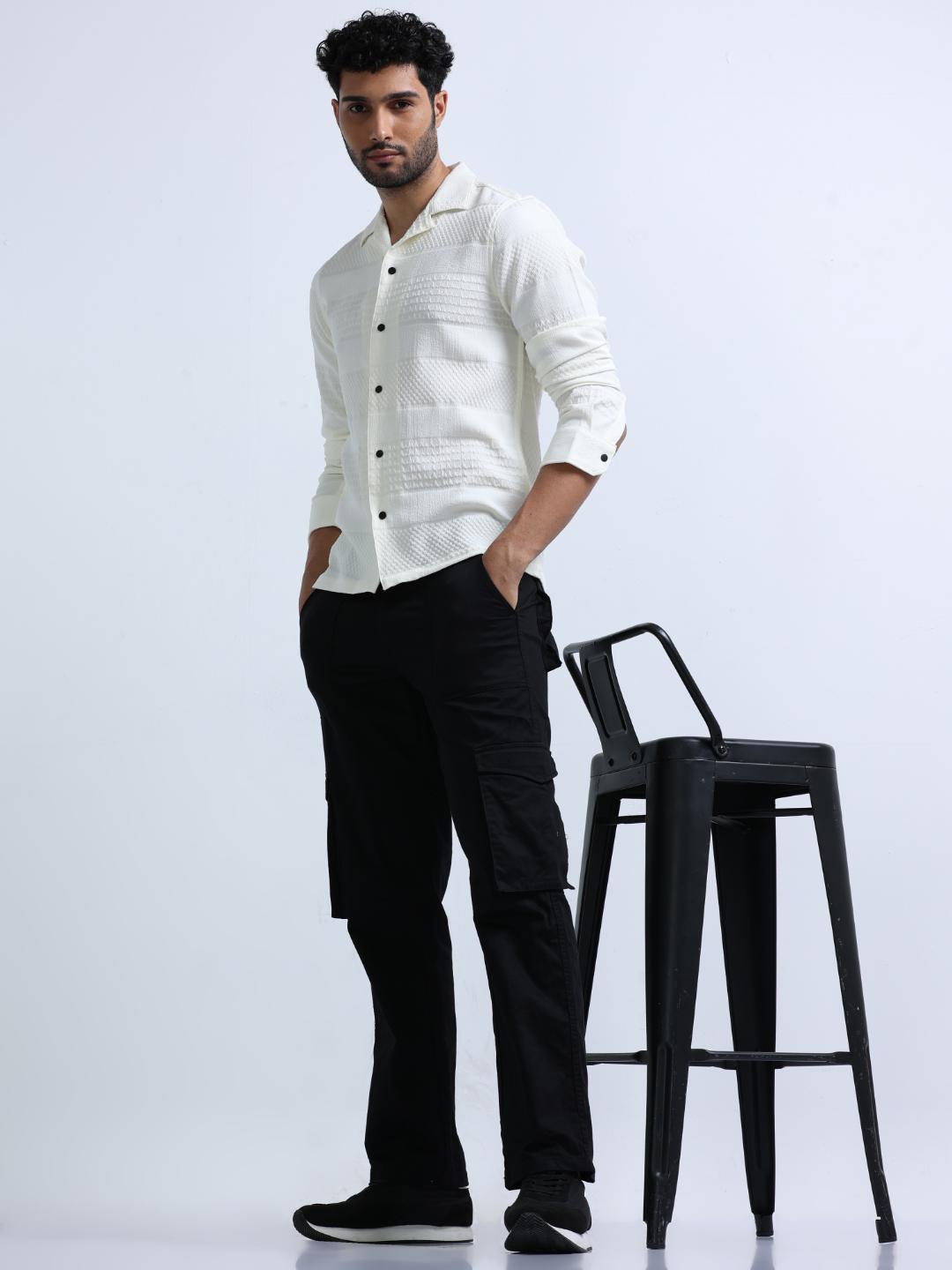 

FLY 69 Premium Boxy Textured Cuban Collar Cotton Knitted Lycra Casual Shirt, Cream