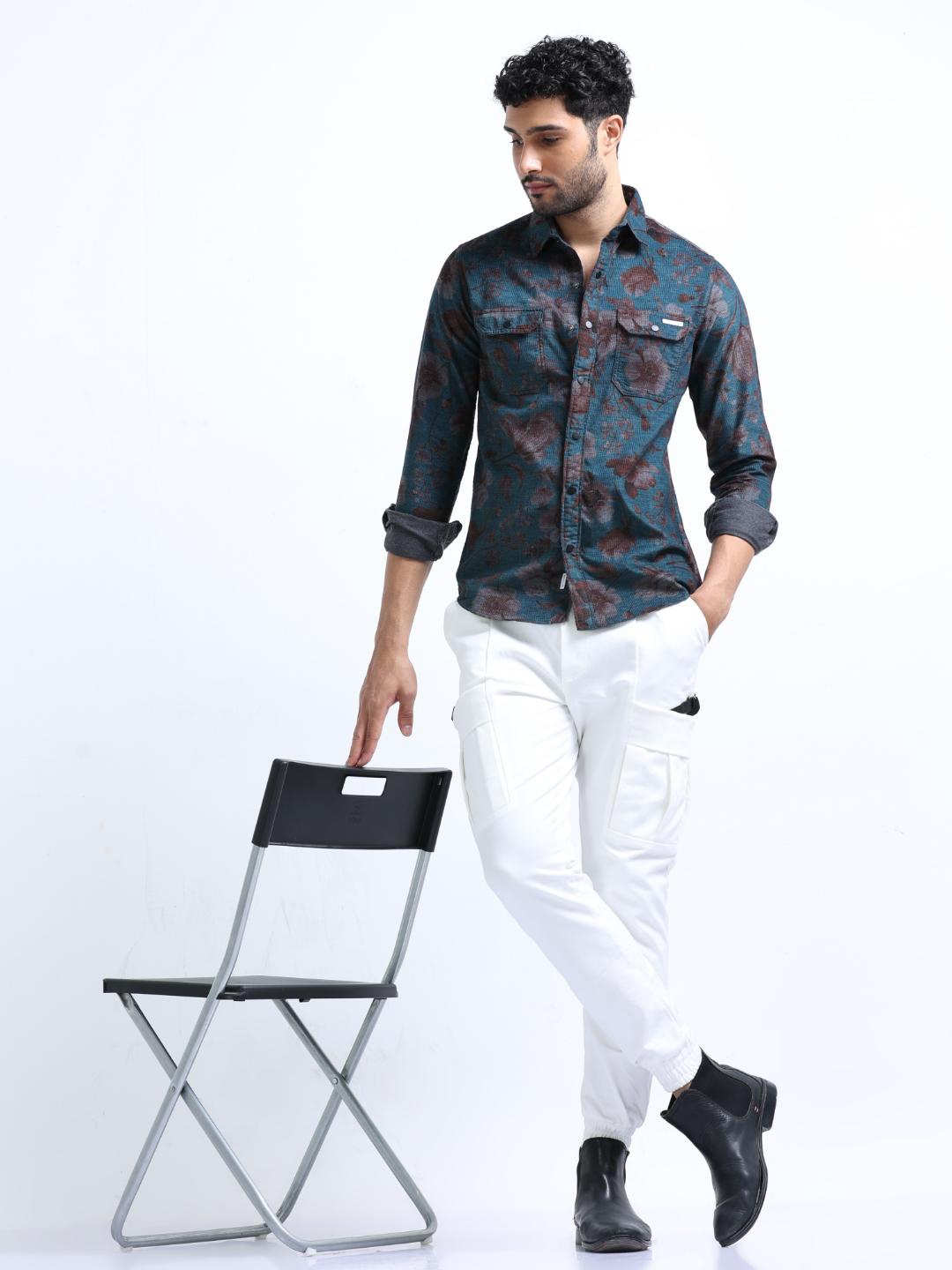

FLY 69 Premium Slim Fit Floral Printed Pure Cotton Corduroy Casual Shirt, Green