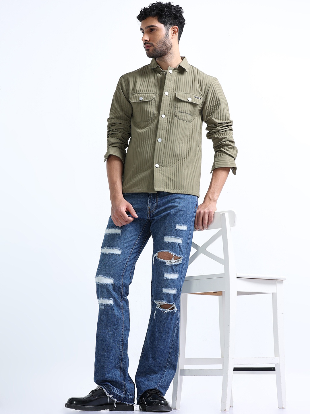 

FLY 69 Premium Oversized Textured Long Sleeves Shacket, Green