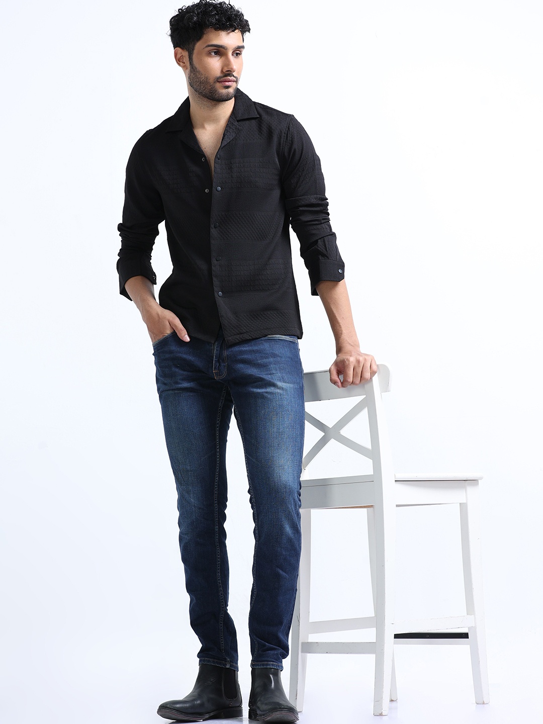 

FLY 69 Premium Boxy Textured Cuban Collar Pure Cotton Knitted Casual Shirt, Black