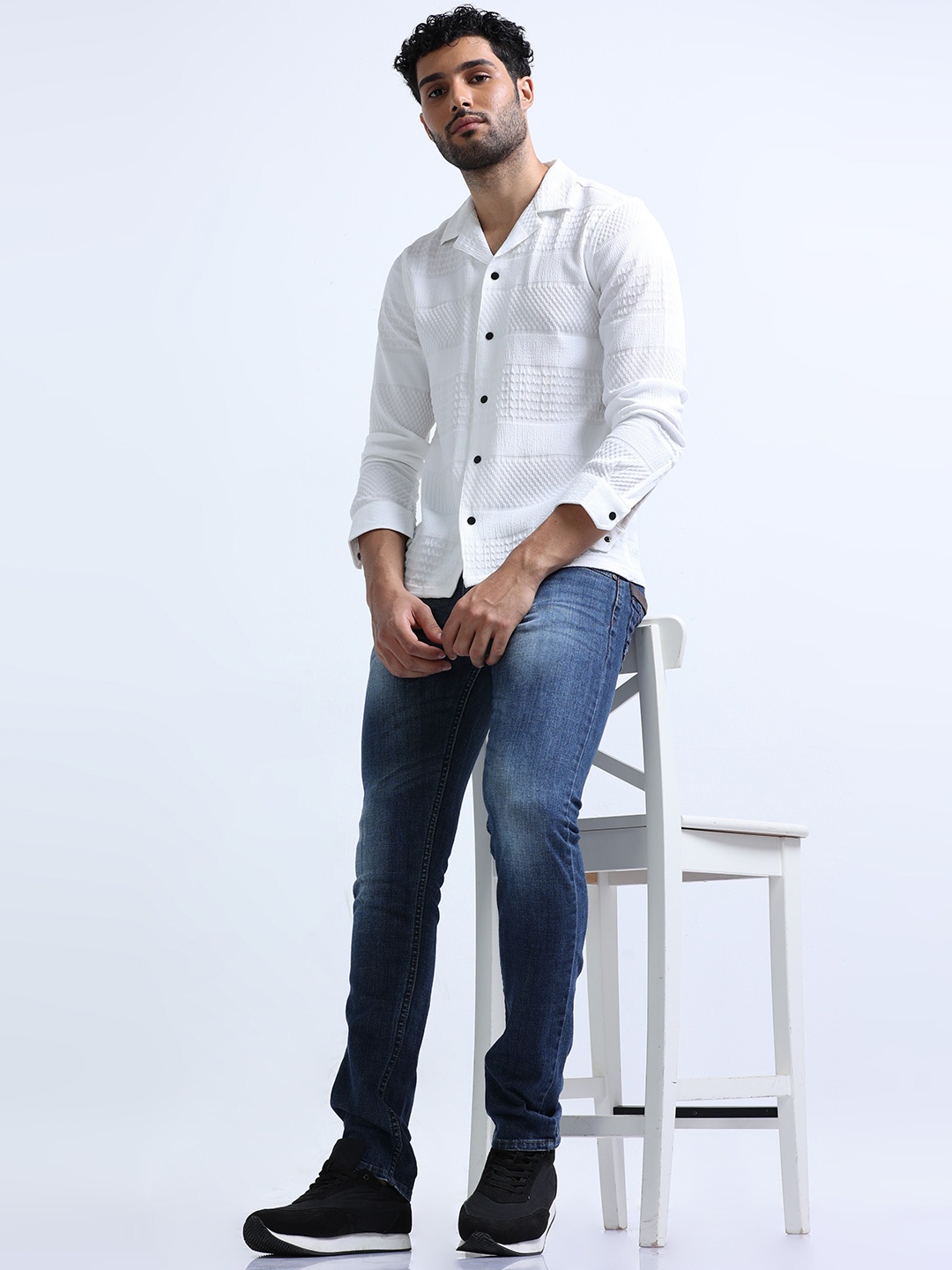 

FLY 69 Premium Boxy Textured Cuban Collar Pure Cotton Knitted Casual Shirt, White