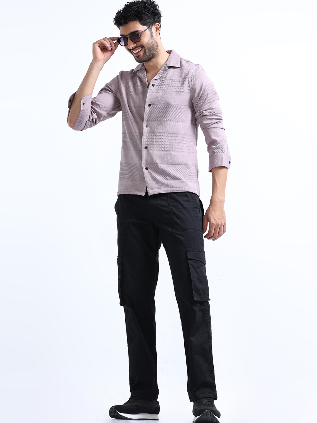 

FLY 69 Premium Boxy Textured Cuban Collar Pure Cotton Knitted Casual Shirt, Purple