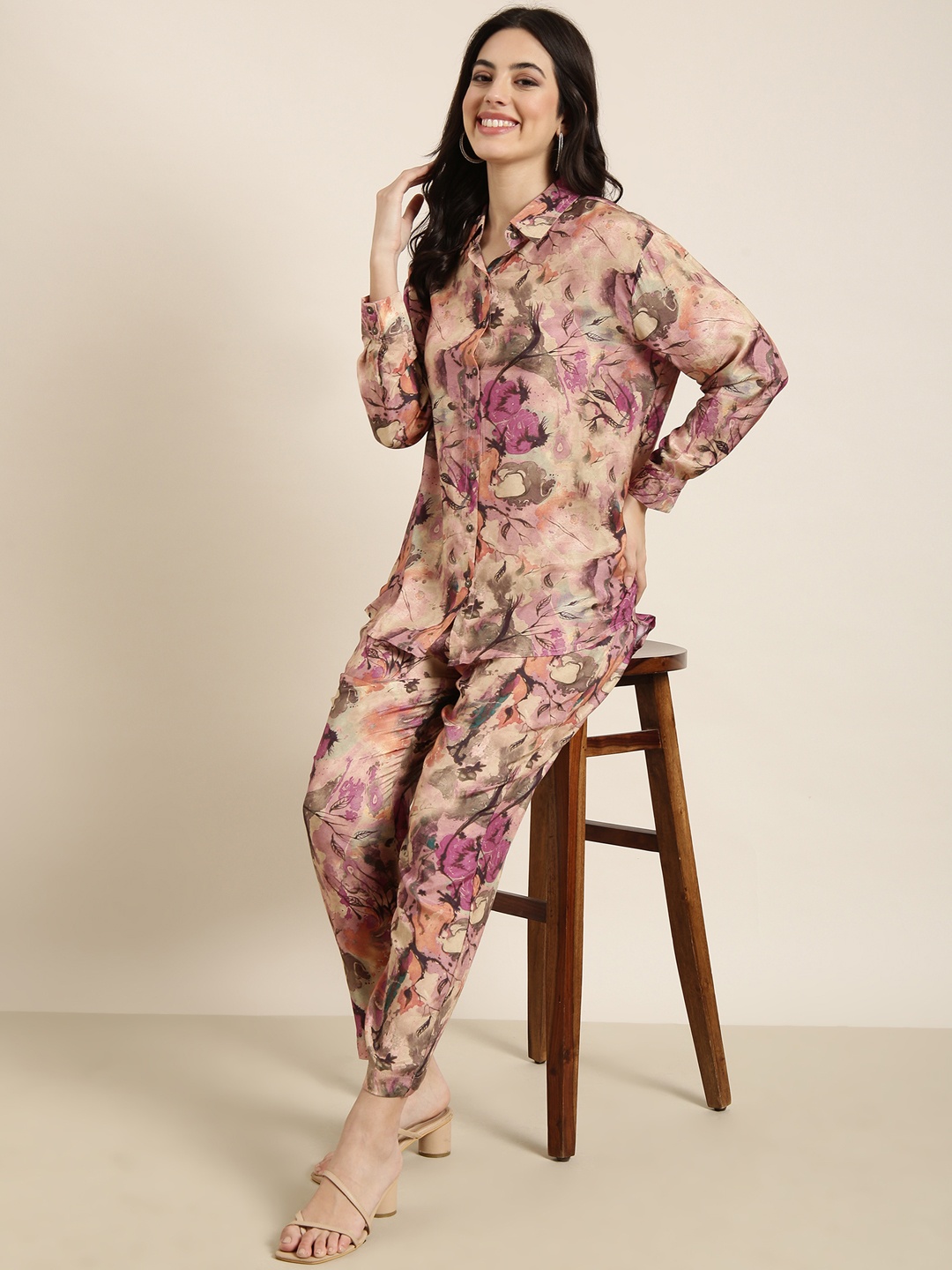 

SHOWOFF Floral Printed Oversized Long Sleeves Shirt With Trouser, Beige