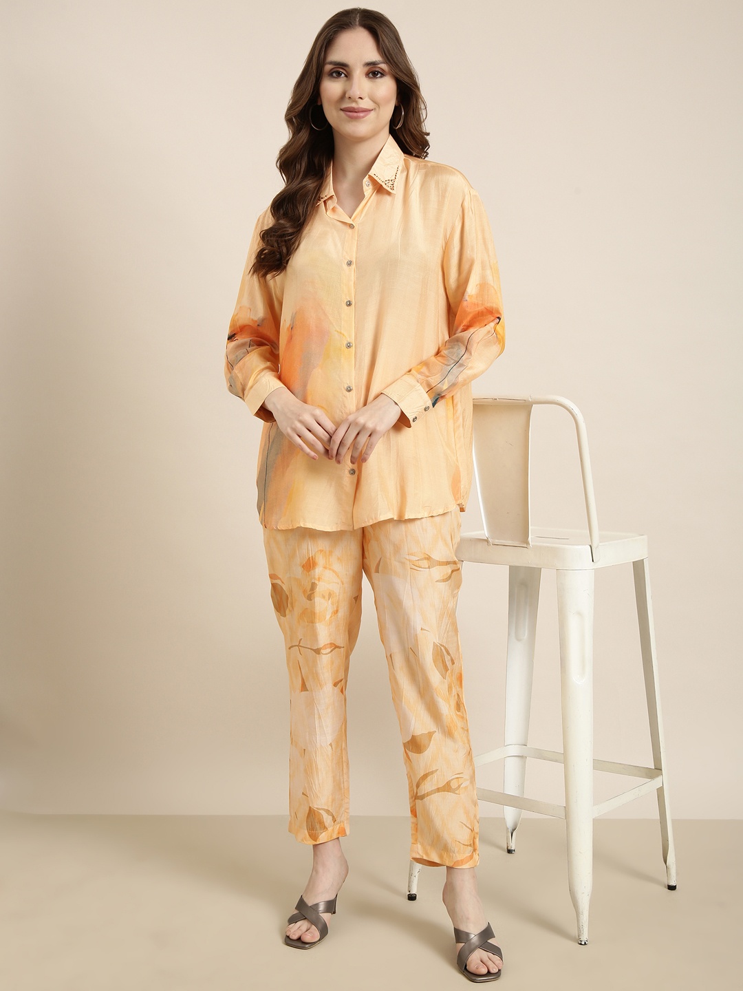 SHOWOFF Printed Oversized Shirt With Trouser Co-Ords, Orange