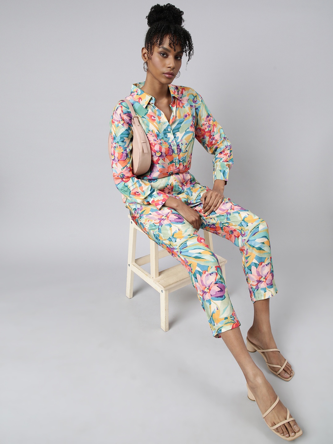 

SHOWOFF Floral Printed Long Sleeves Oversized Shirt With Trouser, Turquoise blue