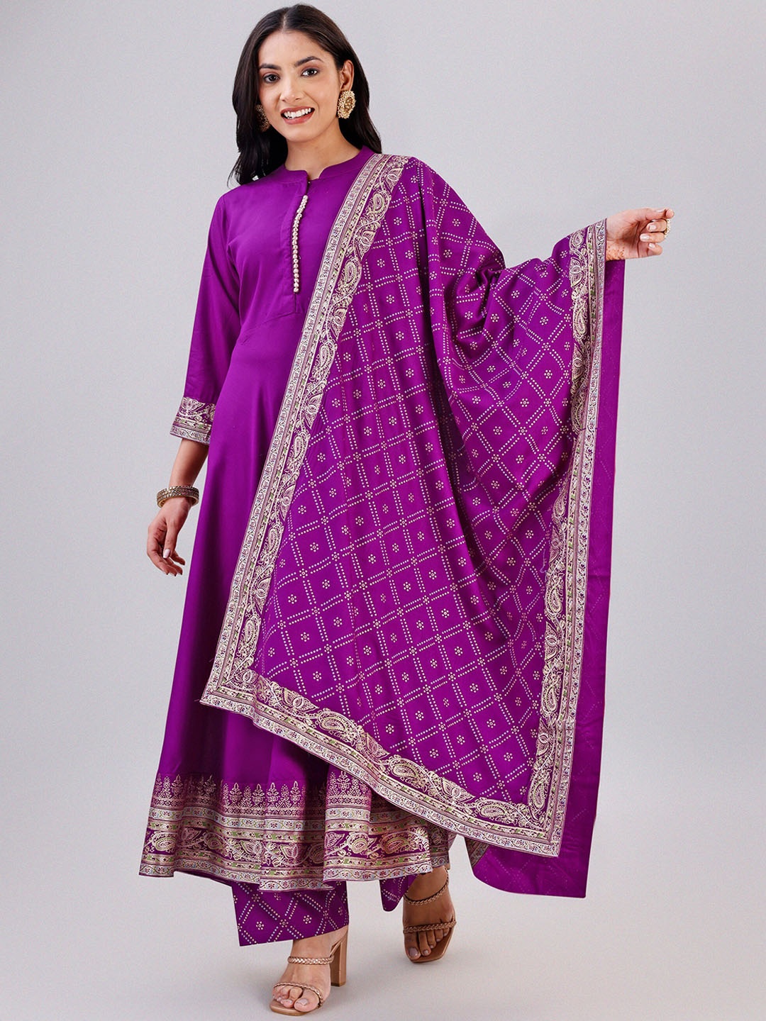 

KALINI Ethnic Motifs Foil Printed Mandarin Collar Anarkali Kurta with Palazzo & Dupatta, Purple