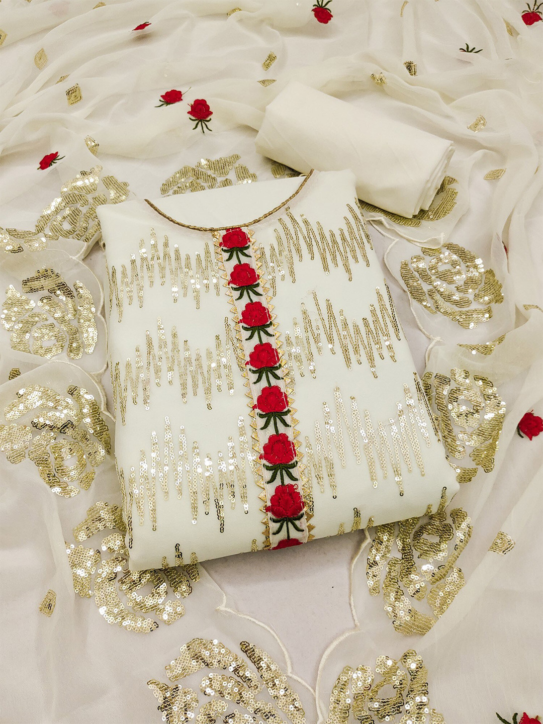 

Panzora Geometric Embroidered Sequinned Unstitched Dress Material, White