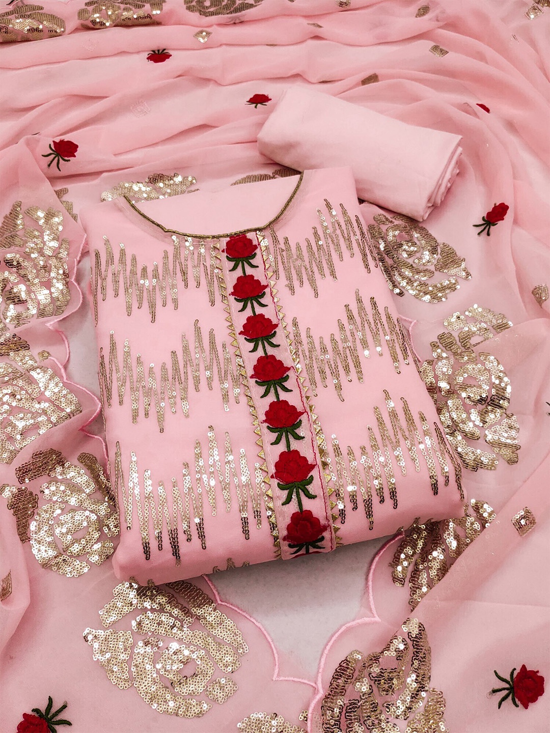 

Panzora Geometric Embroidered Unstitched Dress Material, Pink