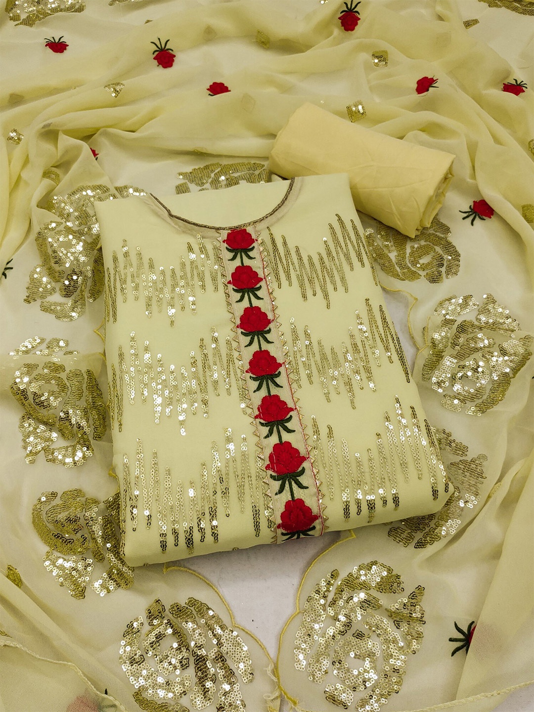 Panzora Embellished Sequinned Unstitched Dress Material, Yellow