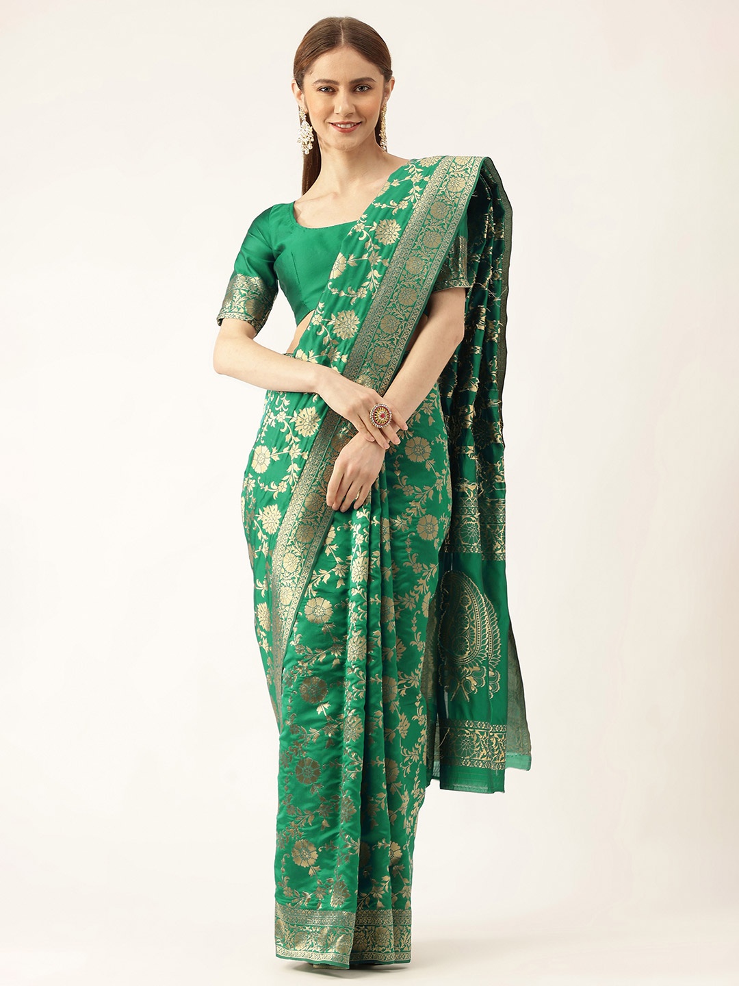 

MANVAA Ethnic Motifs Woven Design Zari Banarasi Saree, Green