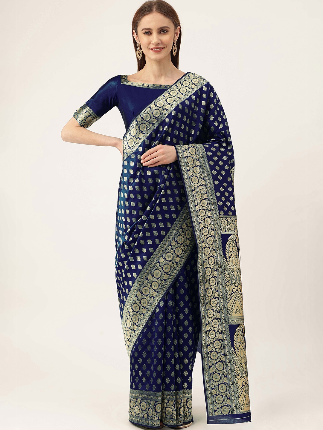 

MANVAA Geometric Woven Design Zari Banarasi Saree, Blue