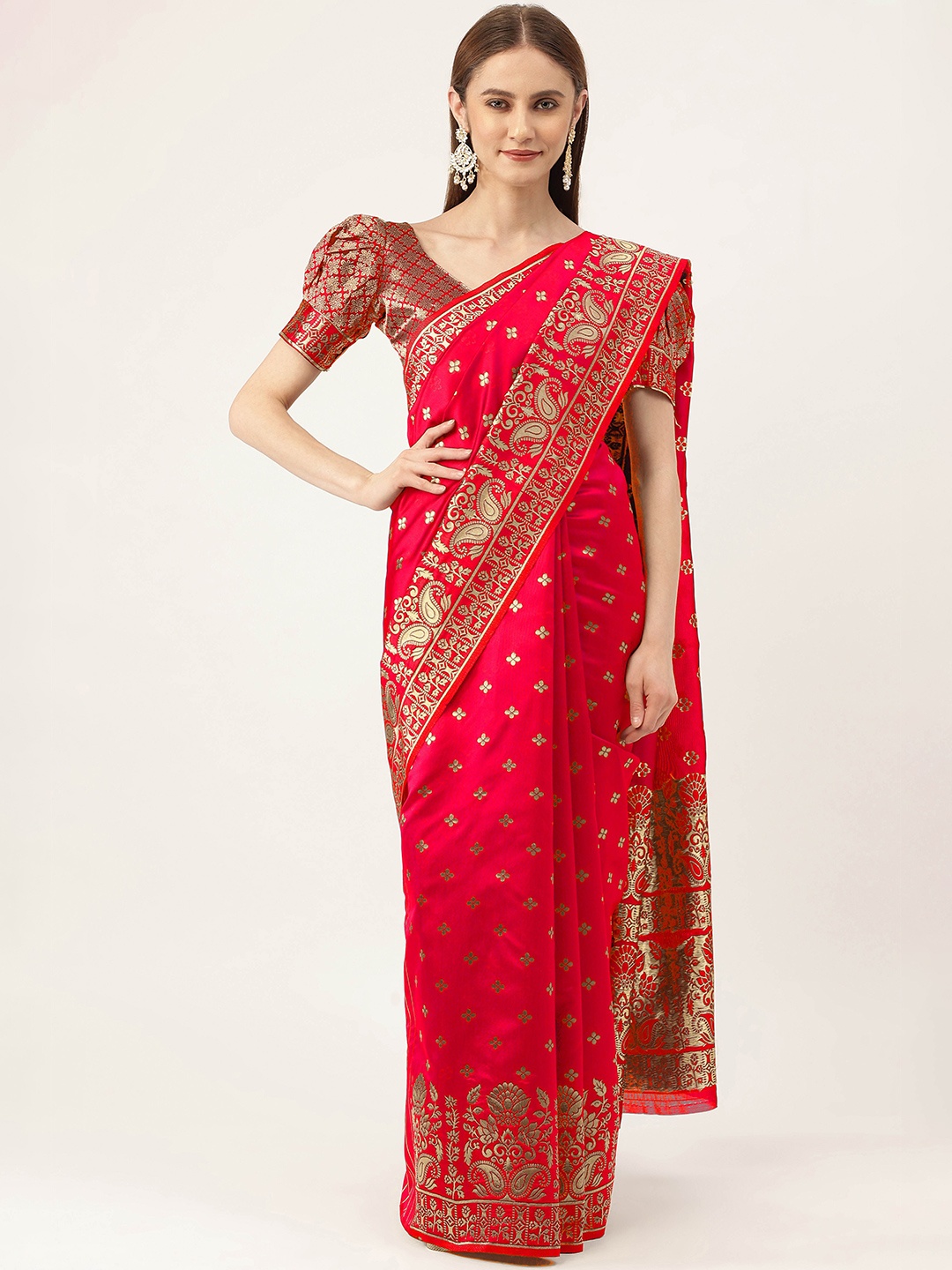 

MANVAA Woven Design Zari Silk Blend Banarasi Saree, Pink