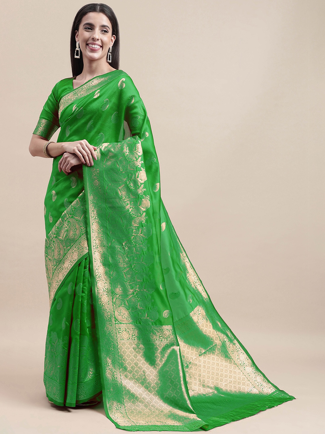 

MANVAA Ethnic Motifs Woven Design Zari Banarasi Saree, Green