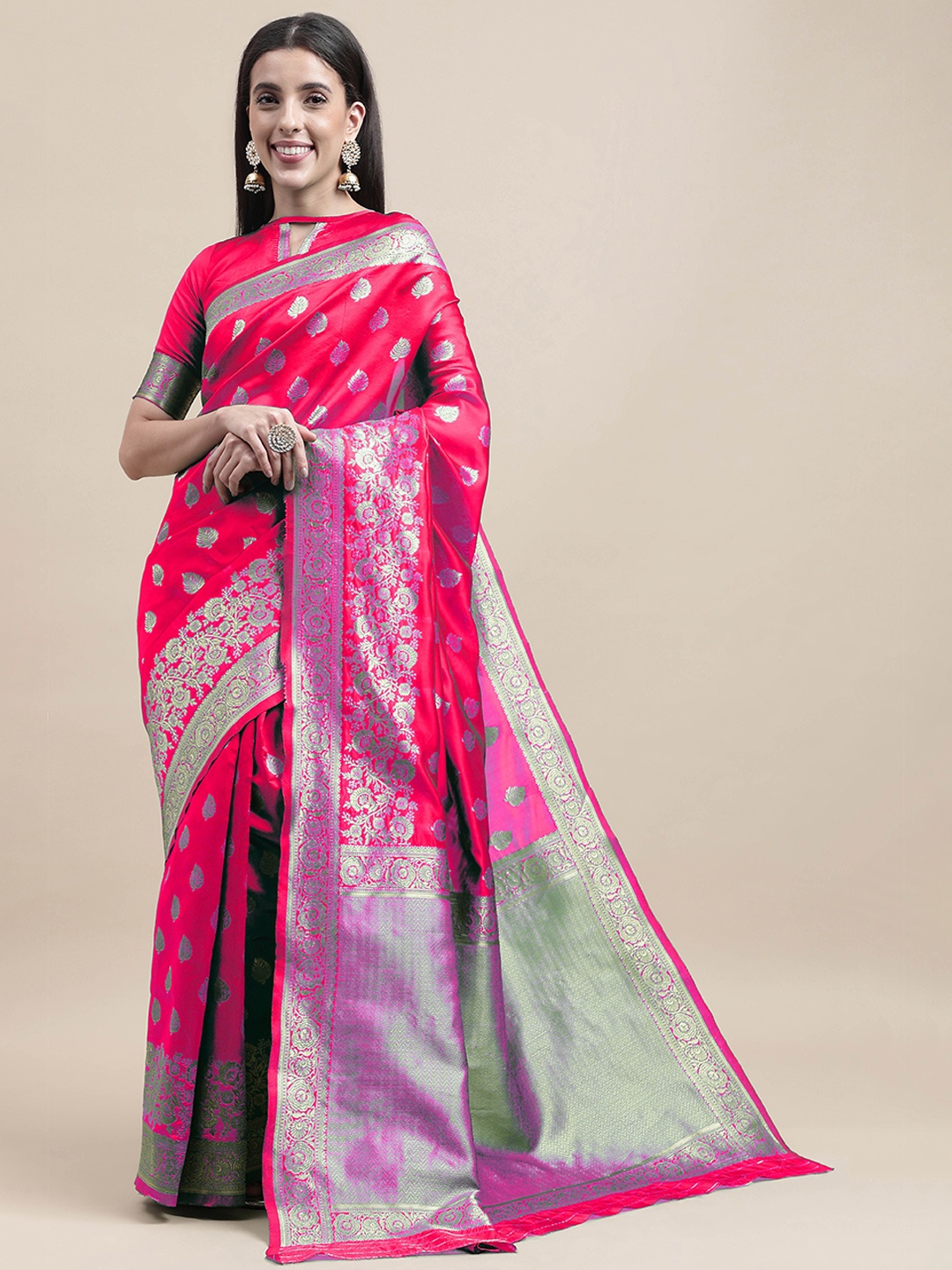 

MANVAA Ethnic Motifs Woven Design Zari Banarasi Saree, Pink