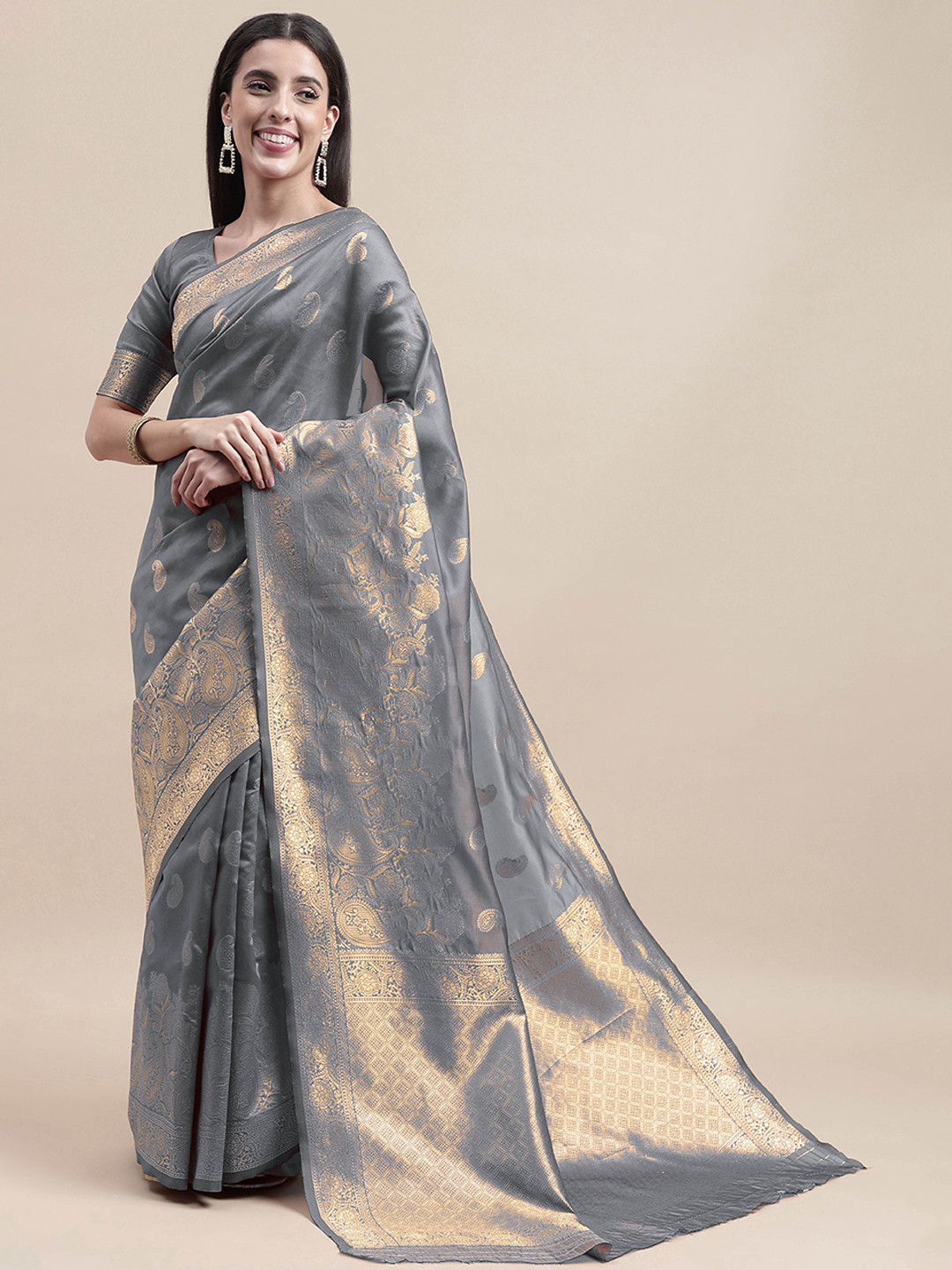 

MANVAA Ethnic Motif Woven Design Banarasi Zari Saree, Grey