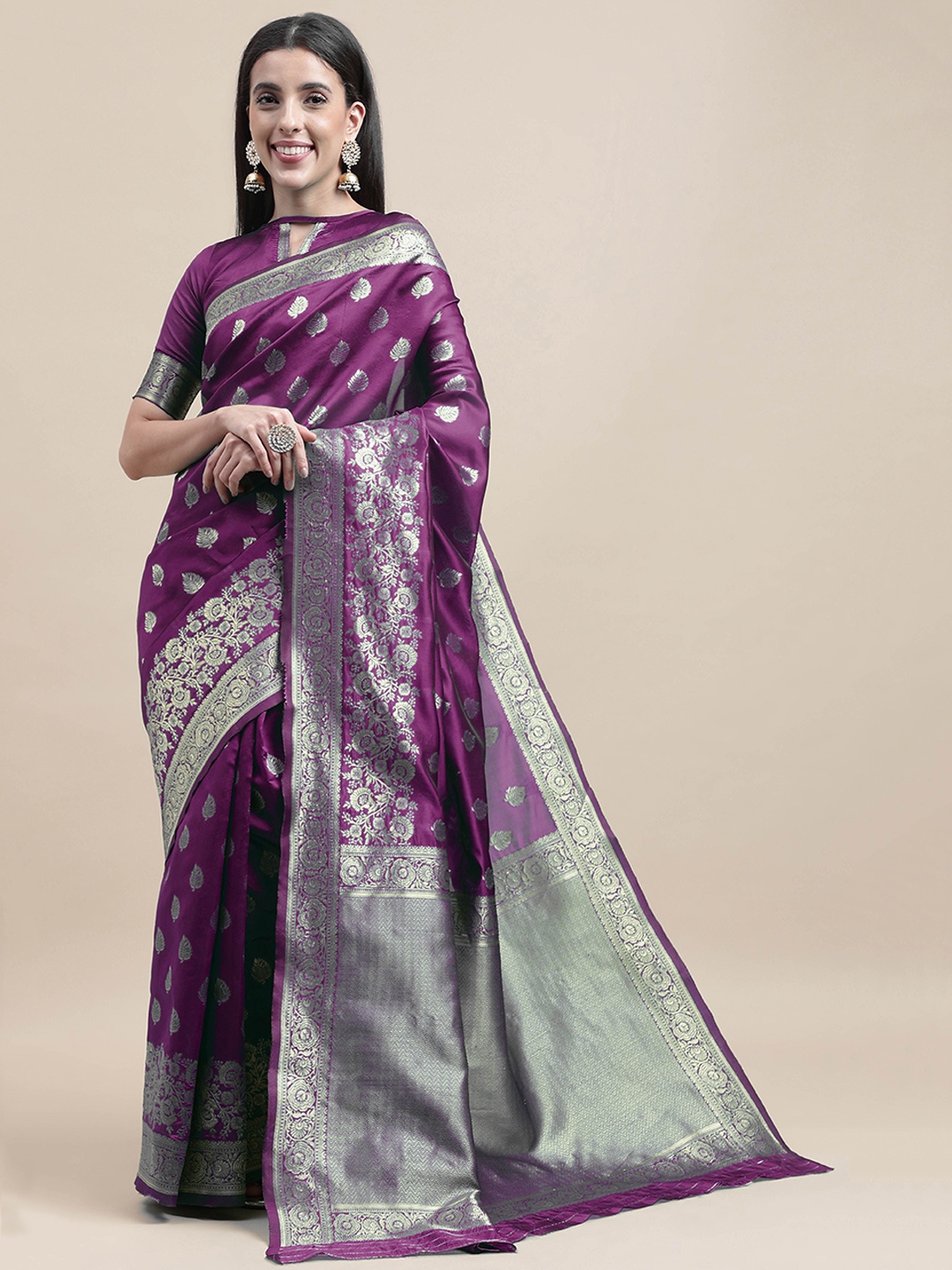 

MANVAA Woven Design Zari Silk Blend Banarasi Saree, Purple
