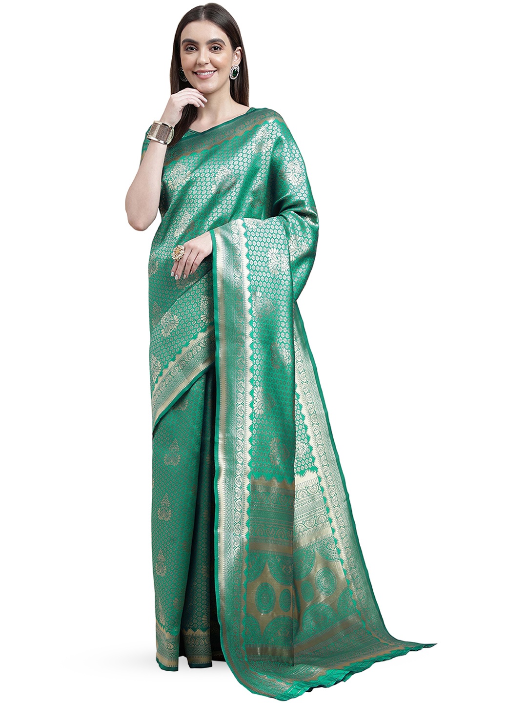 

MANVAA Woven Design Zari Silk Blend Banarasi Saree, Green