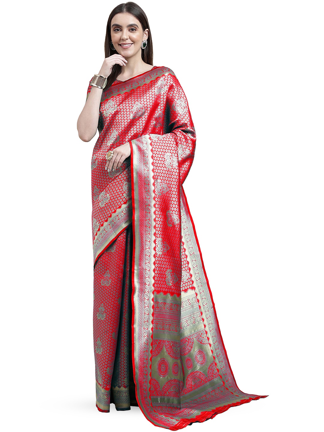

MANVAA Ethnic Motifs Woven Design Zari Banarasi Saree, Red