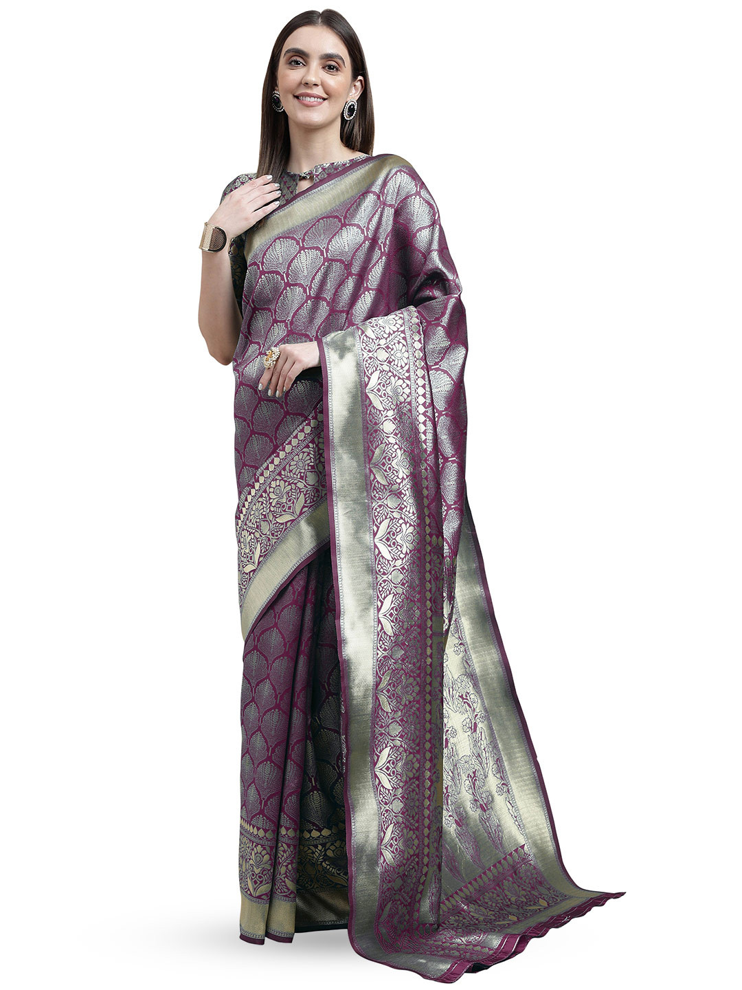 

MANVAA Woven Design Zari Banarasi Saree, Purple