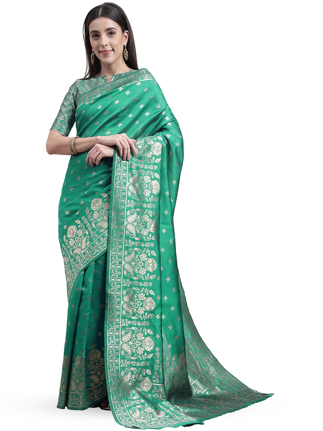 

MANVAA Woven Design Zari Silk Blend Banarasi Saree, Green