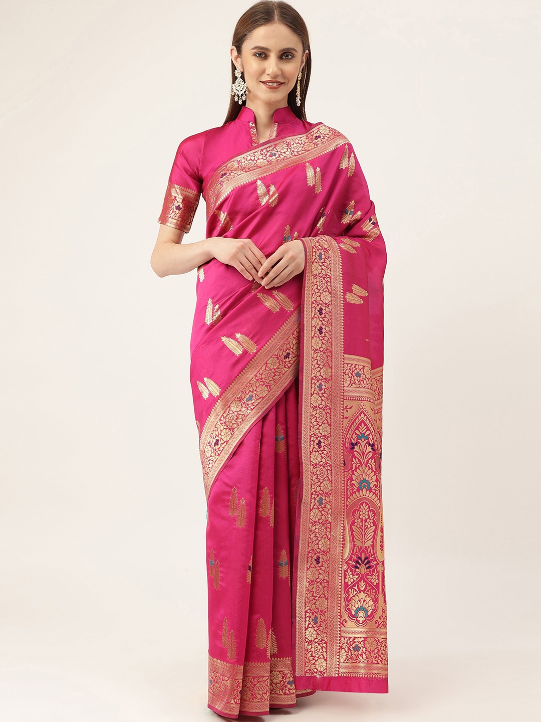 

MANVAA Ethnic Motifs Woven Design Zari Banarasi Saree, Pink