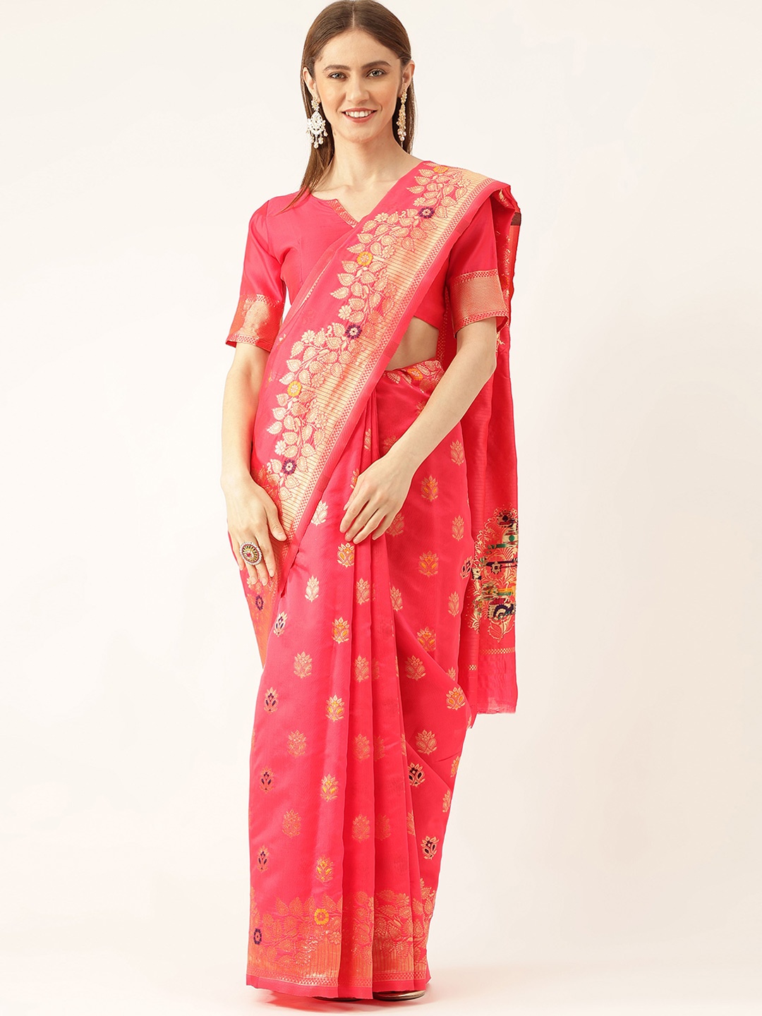 

MANVAA Ethnic Motif Woven Design Banarasi Zari Saree, Pink