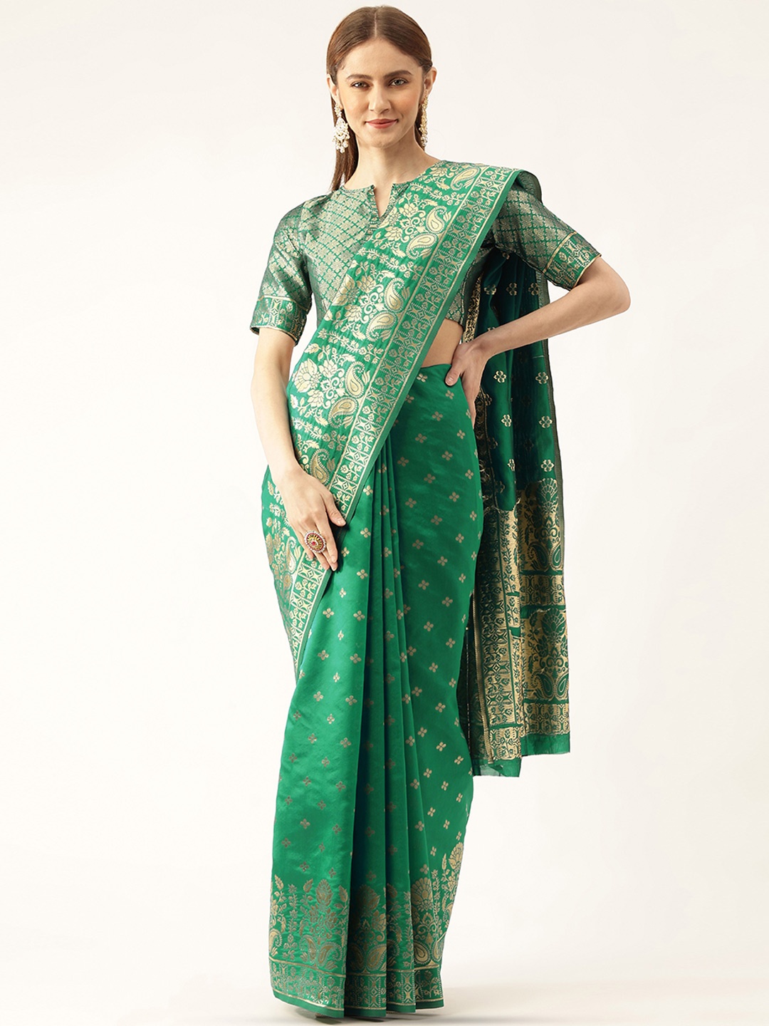 

MANVAA Ethnic Motifs Woven Design Zari Banarasi Saree, Green