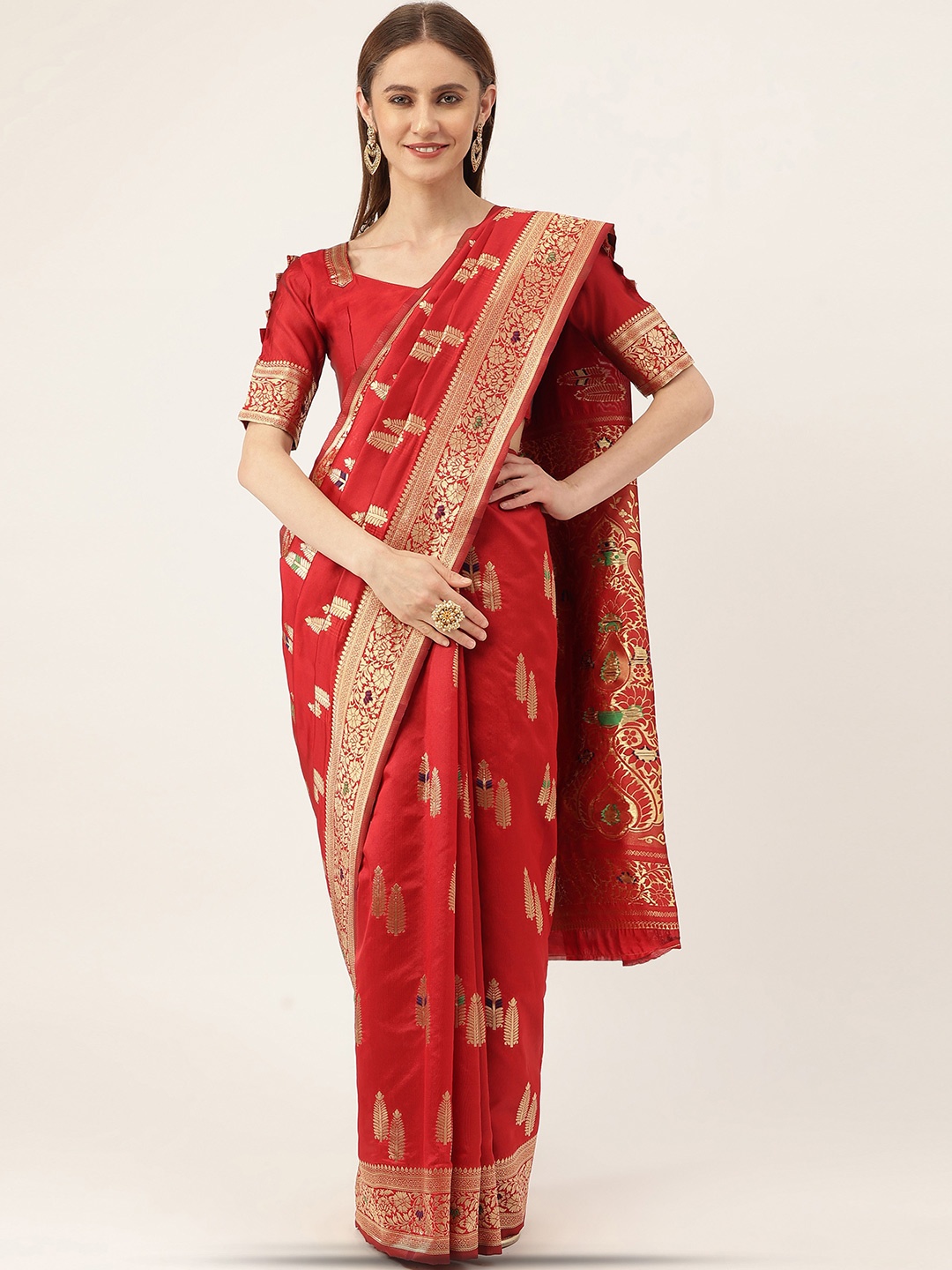 

MANVAA Ethnic Motifs Woven Design Zari Banarasi Saree, Red
