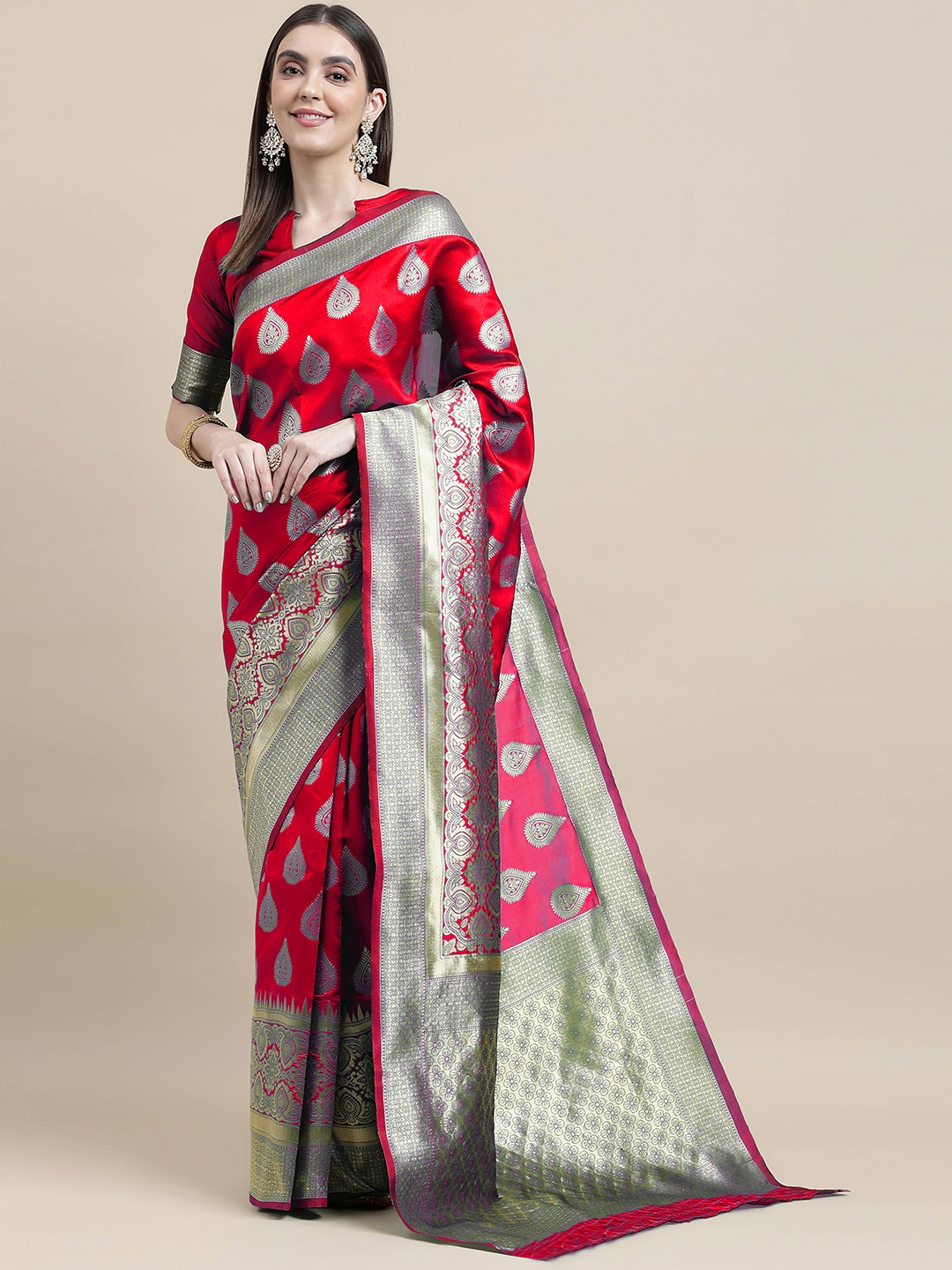 

MANVAA Ethnic Motifs Woven Design Zari Banarasi Saree, Red