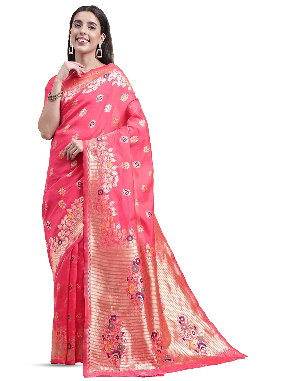 

MANVAA Ethnic Motifs Woven Design Zari Banarasi Saree, Pink