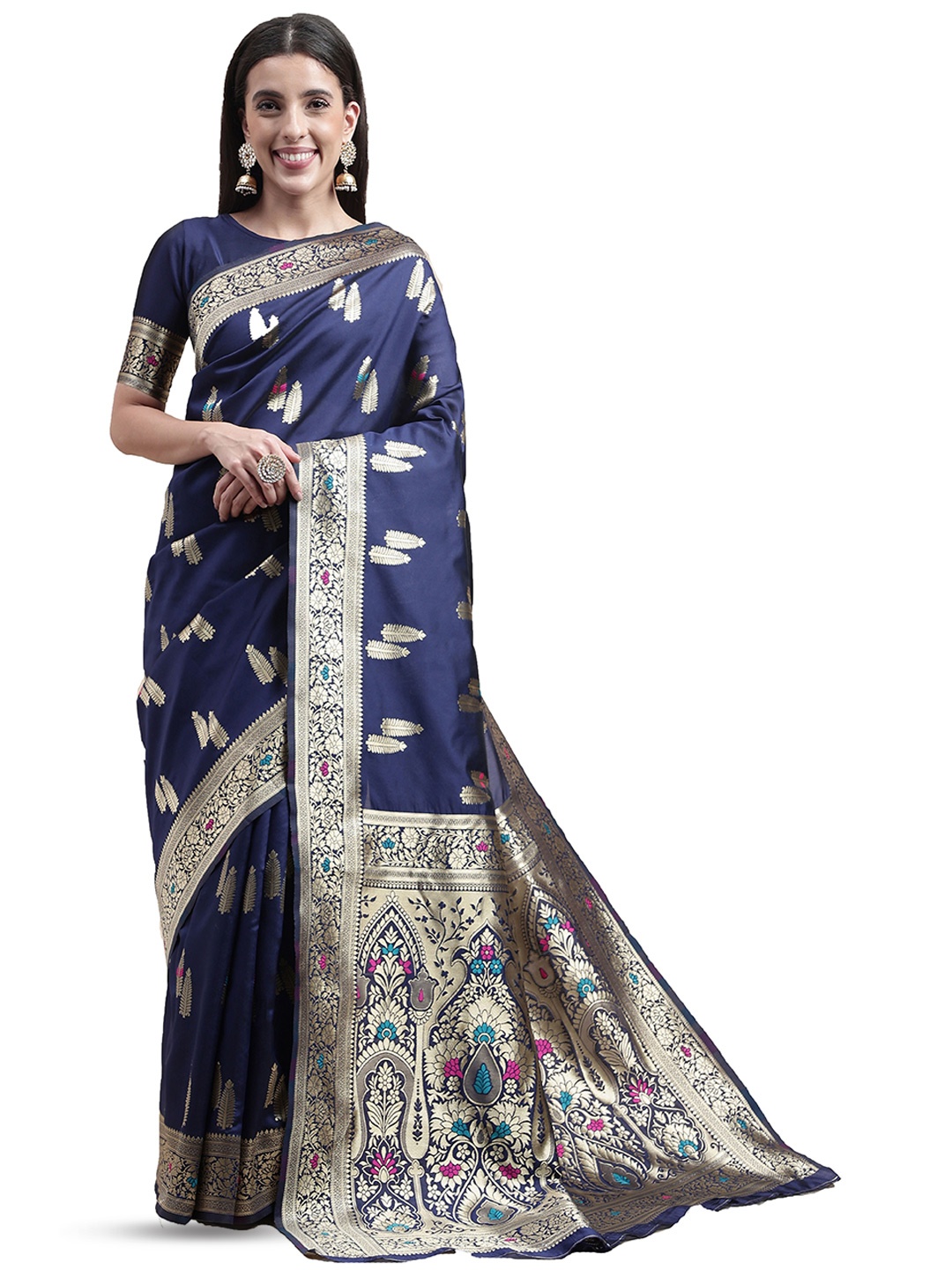 

MANVAA Ethnic Motifs Woven Design Zari Banarasi Saree, Blue