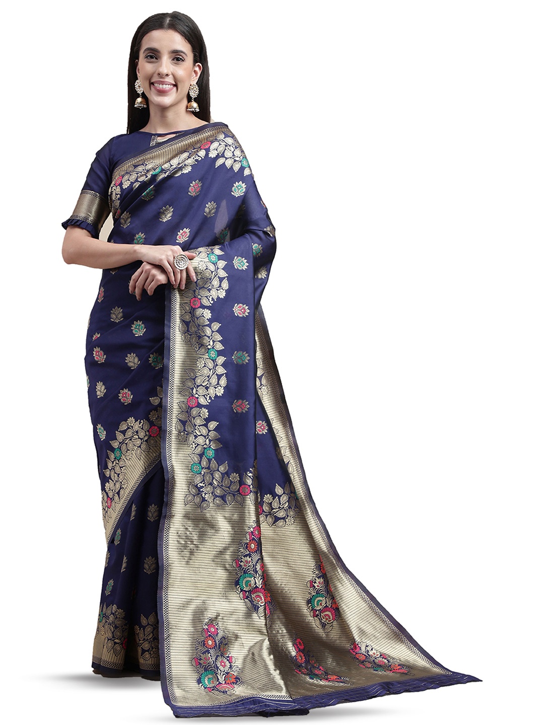 

MANVAA Ethnic Motifs Woven Design Zari Banarasi Saree, Blue