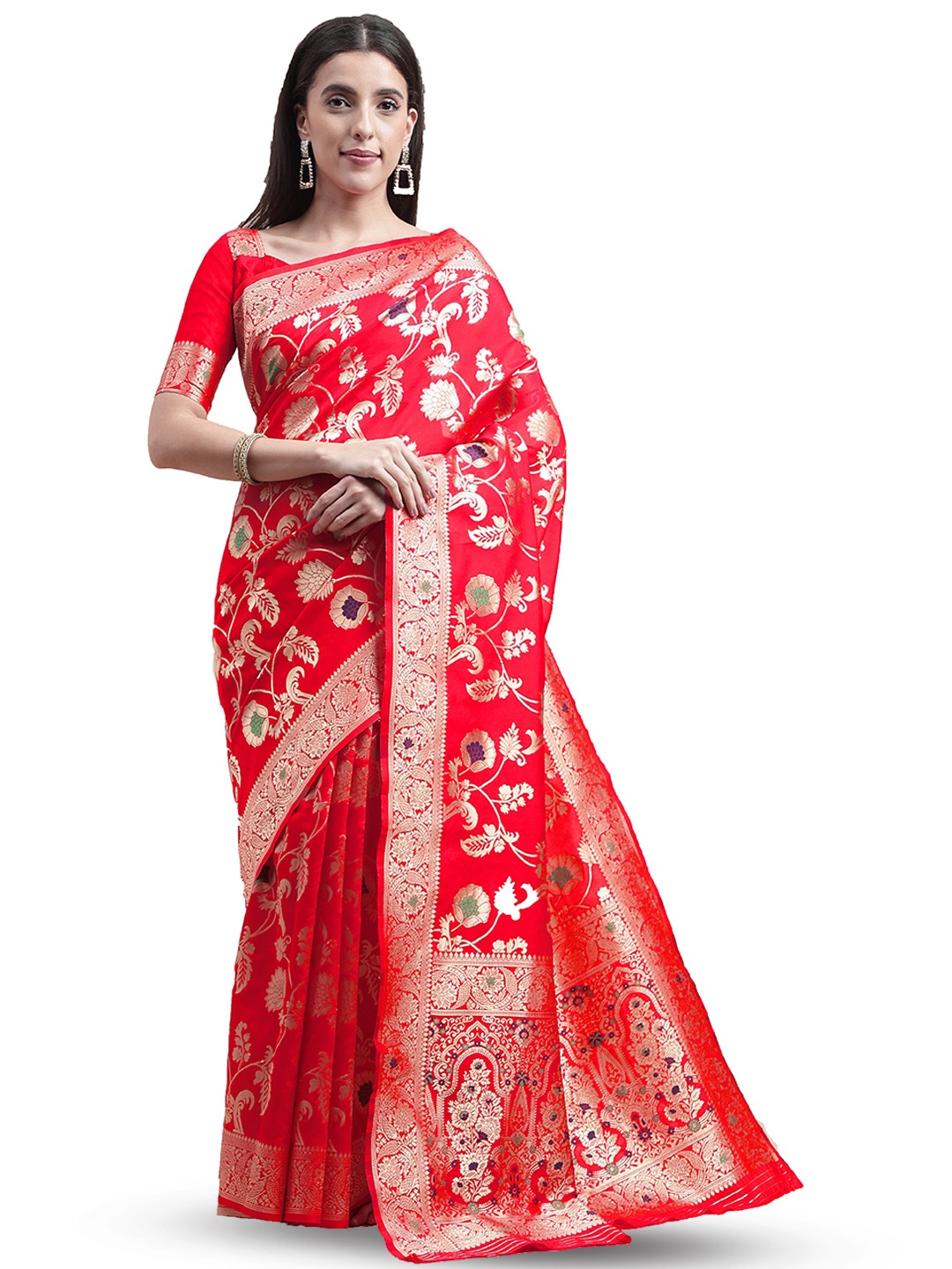 

MANVAA Floral Zari Banarasi Saree, Red