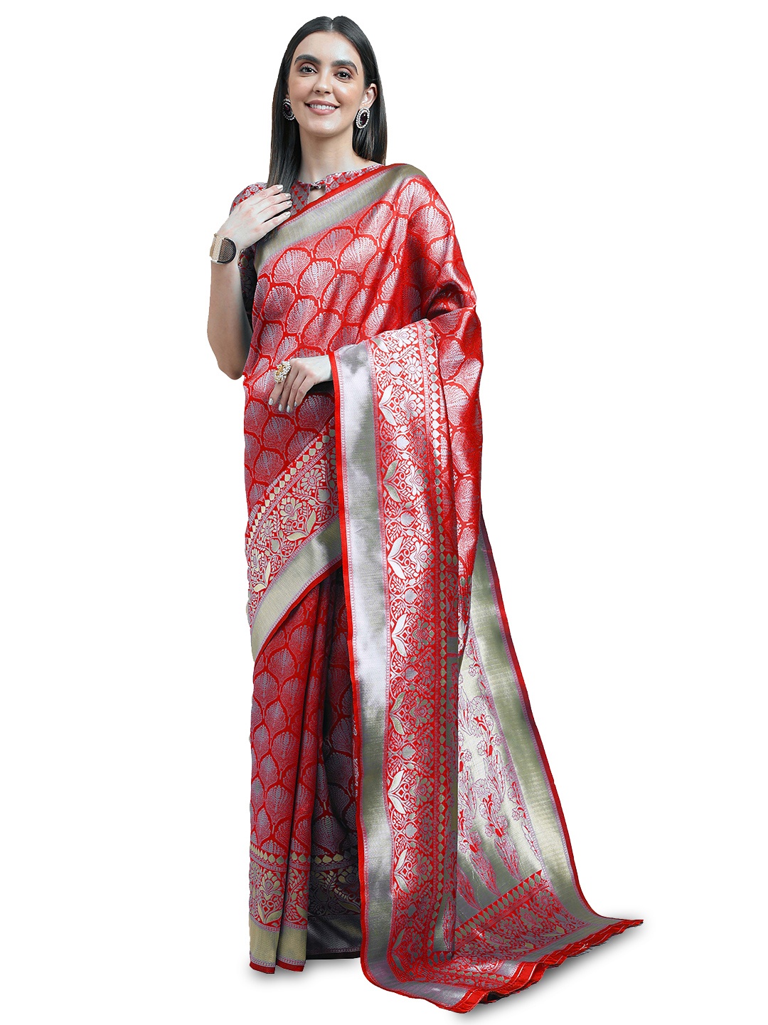 

MANVAA Ethnic Motifs Zari Banarasi Saree, Red