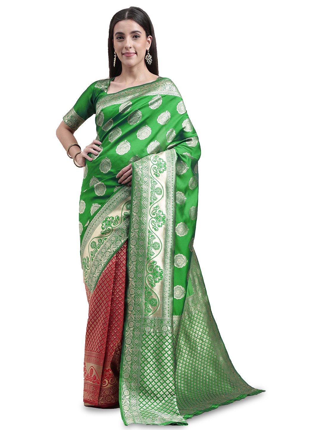 

MANVAA Ethnic Woven Design Zari Banarasi Saree, Green
