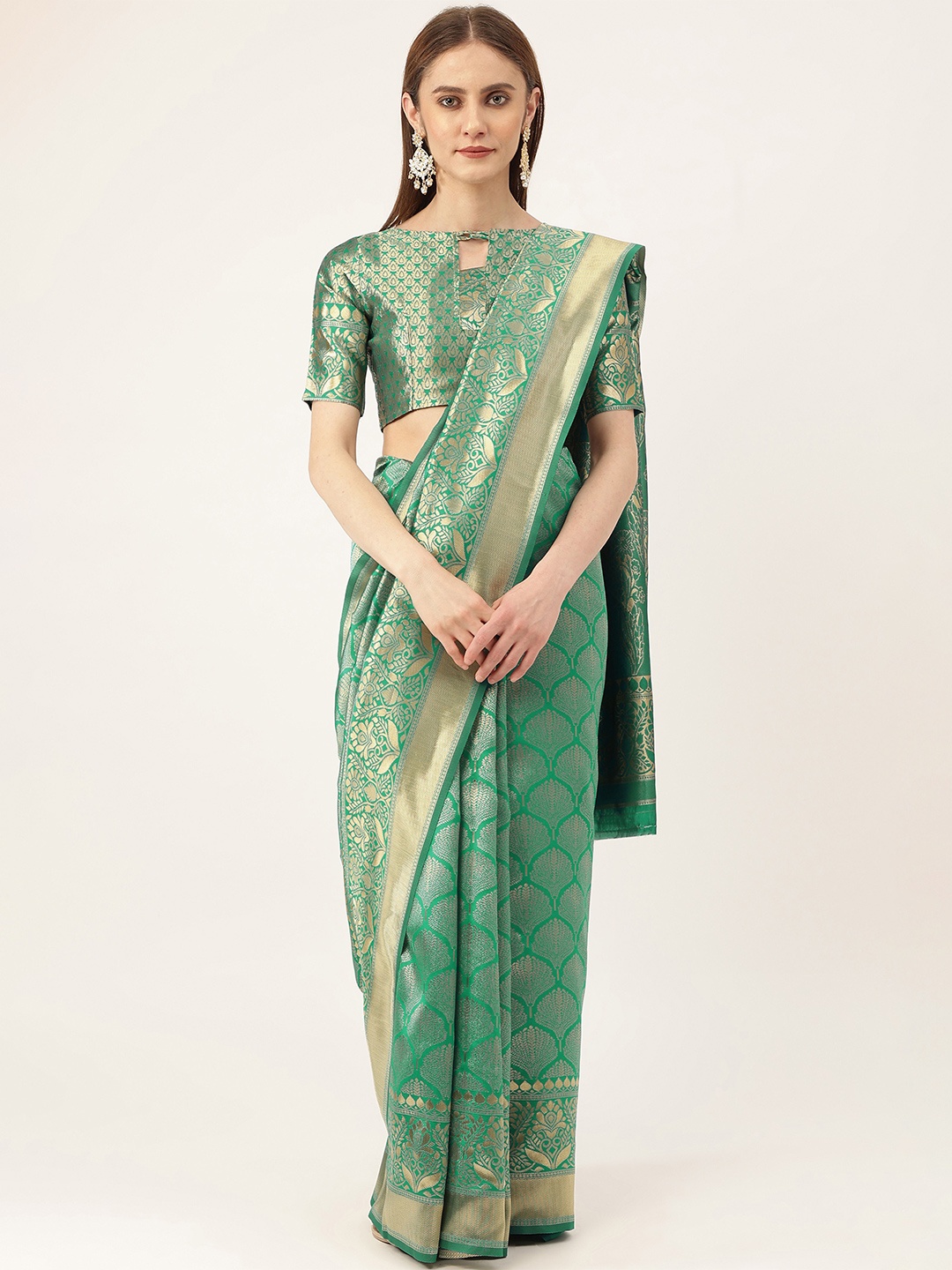 

MANVAA Ethnic Woven Design Zari Banarasi Silk Saree, Green