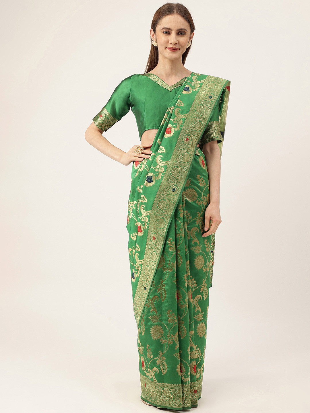 

MANVAA Ethnic Motifs Zari Kanjeevaram Silk Saree, Green
