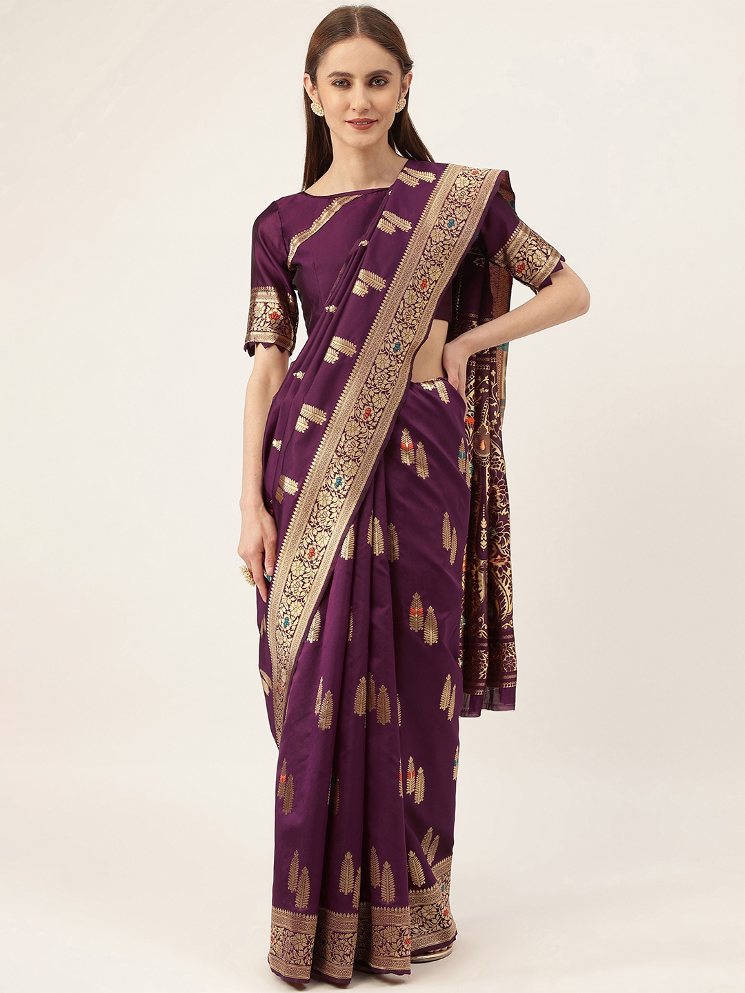 

MANVAA Ethnic Woven Design Zari Kanjeevaram Saree, Purple