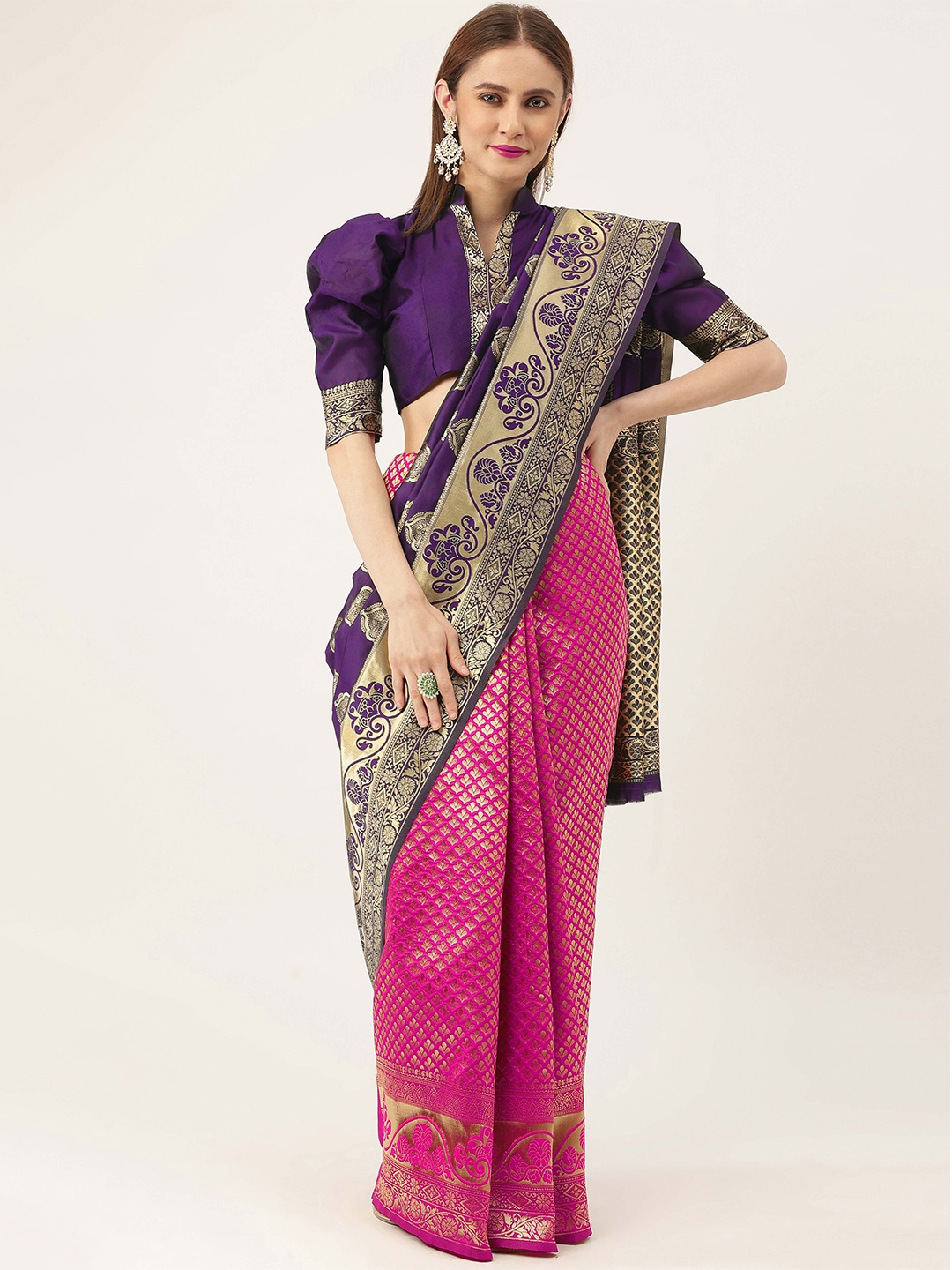 

MANVAA Ethnic Motifs Zari Kanjeevaram Saree, Violet