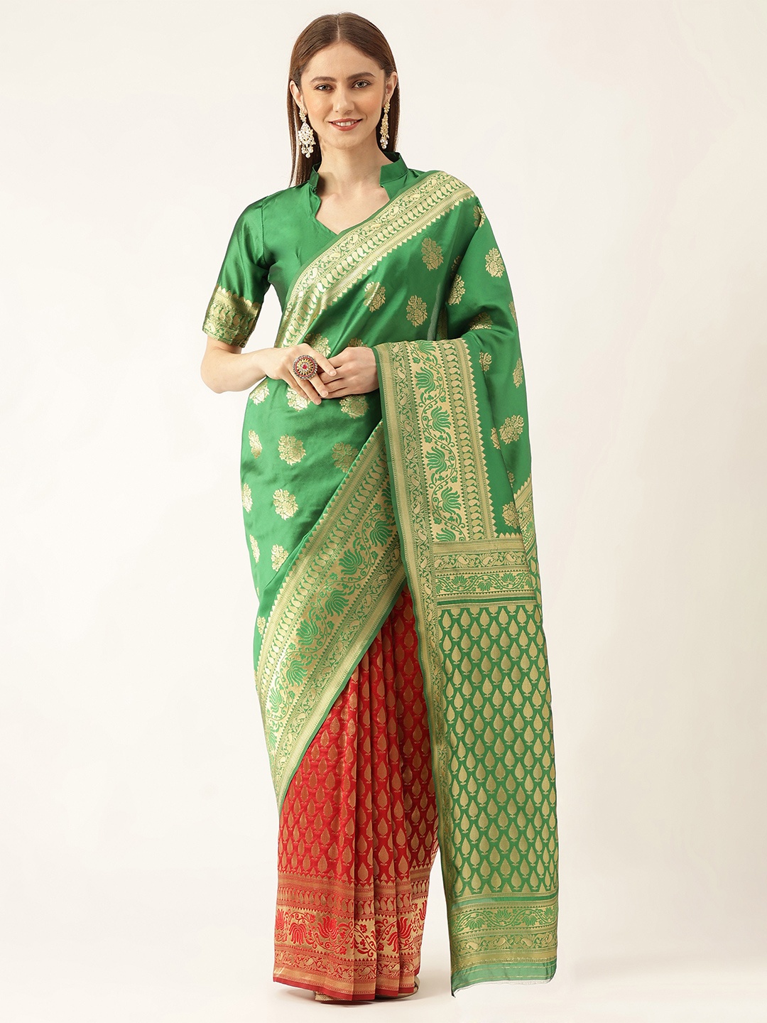 

MANVAA Ethnic Motifs Zari Half and Half Kanjeevaram Saree, Green