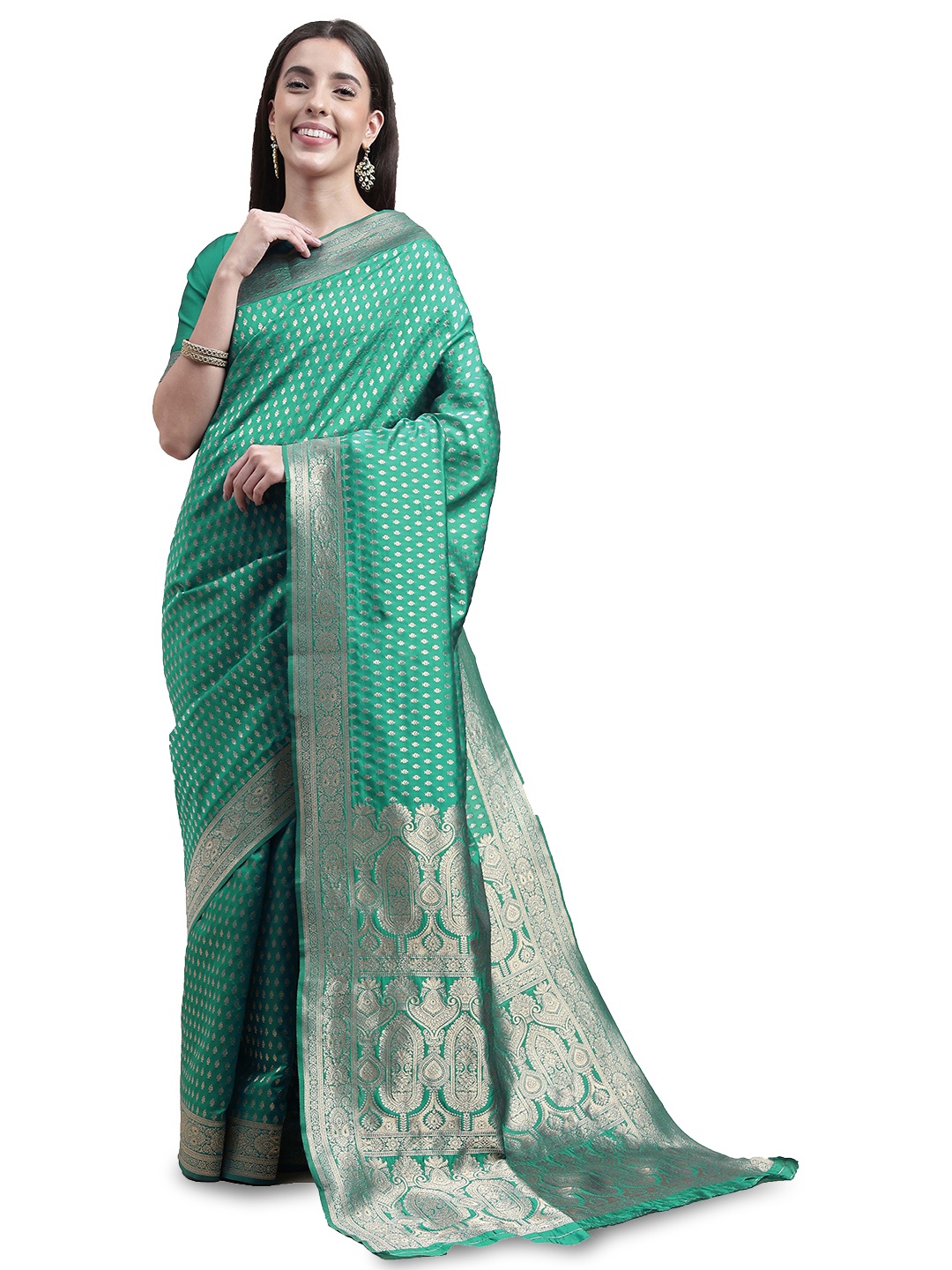 

MANVAA Ethnic Motifs Woven Design Zari Kanjeevaram Saree, Green