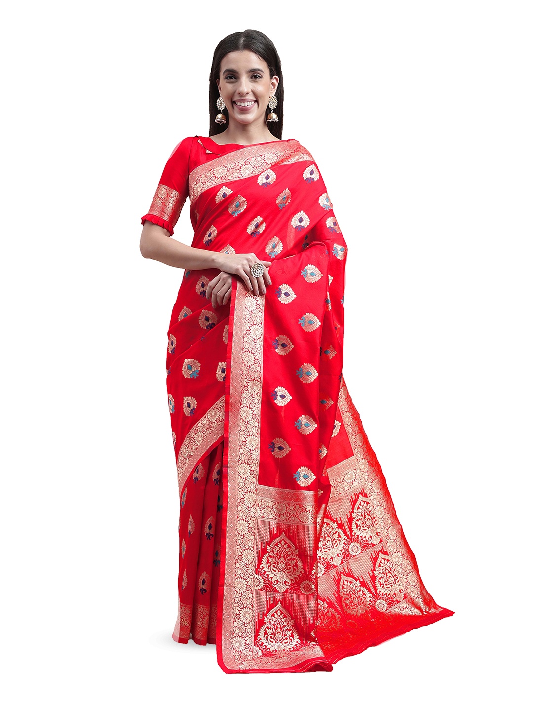 

MANVAA Ethnic Motifs Woven Design Zari Kanjeevaram Saree, Red