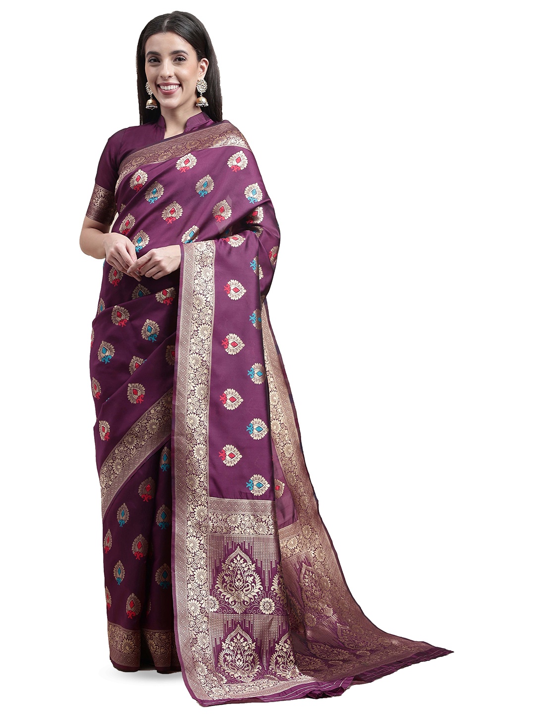 

MANVAA Ethnic Motifs Woven Design Zari Kanjeevaram Saree, Purple