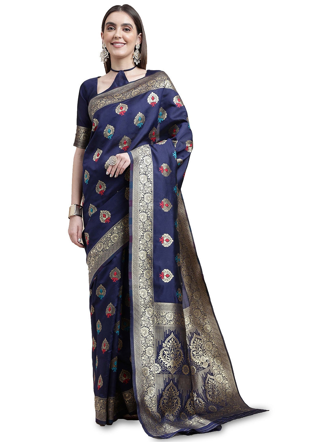 

MANVAA Ethnic Motifs Woven Design Zari Kanjeevaram Saree, Blue