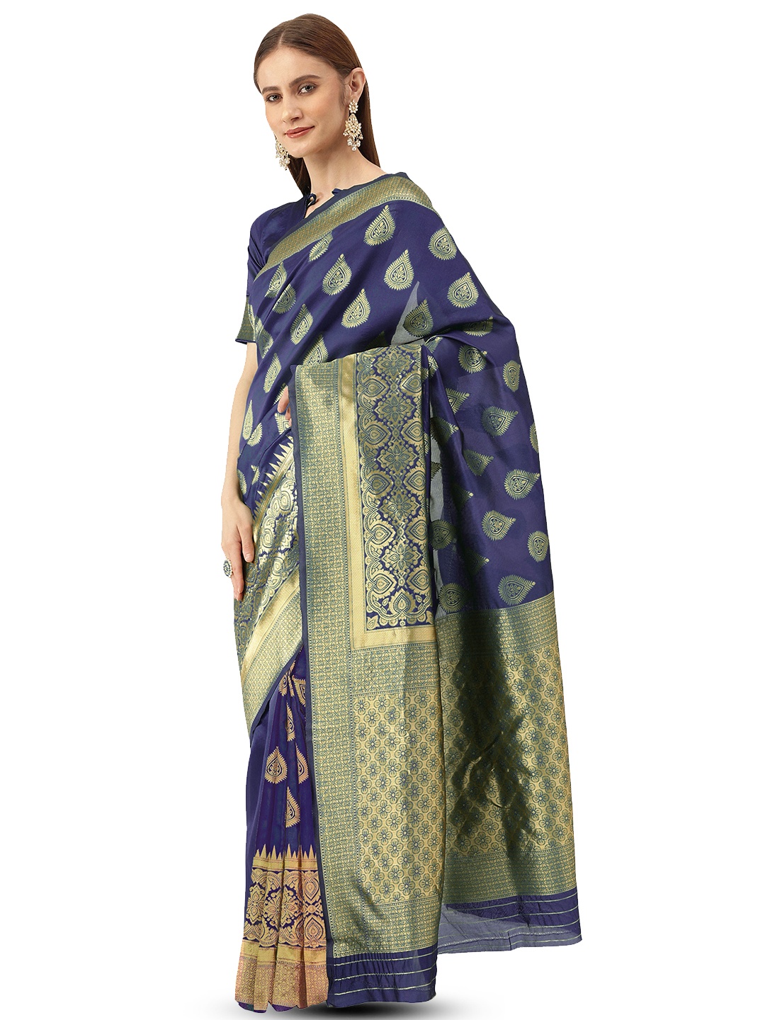 

MANVAA Ethnic Motifs Woven Design Zari Banarasi Saree, Navy blue