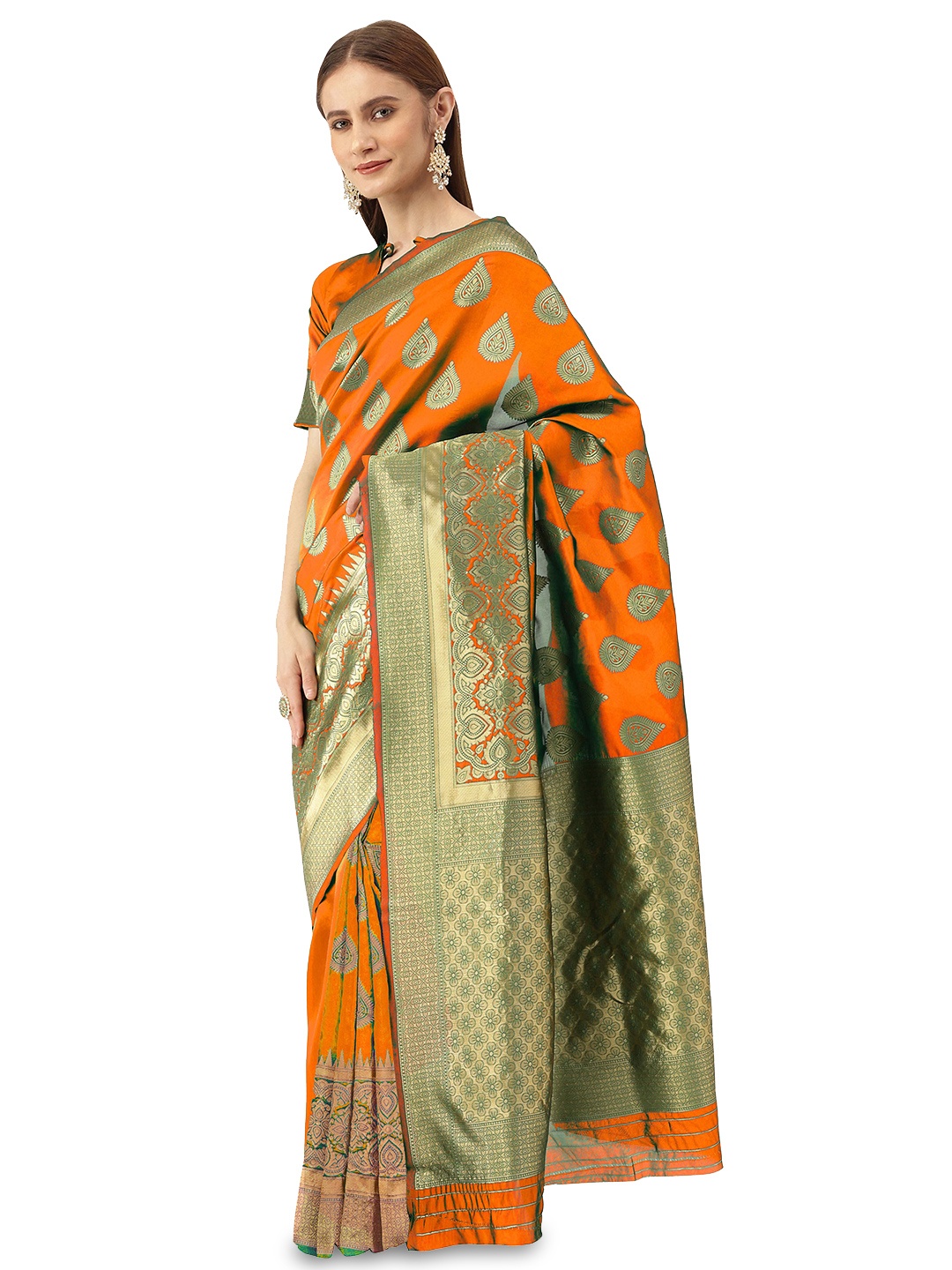 

MANVAA Ethnic Motifs Woven Design Zari Banarasi Saree, Orange