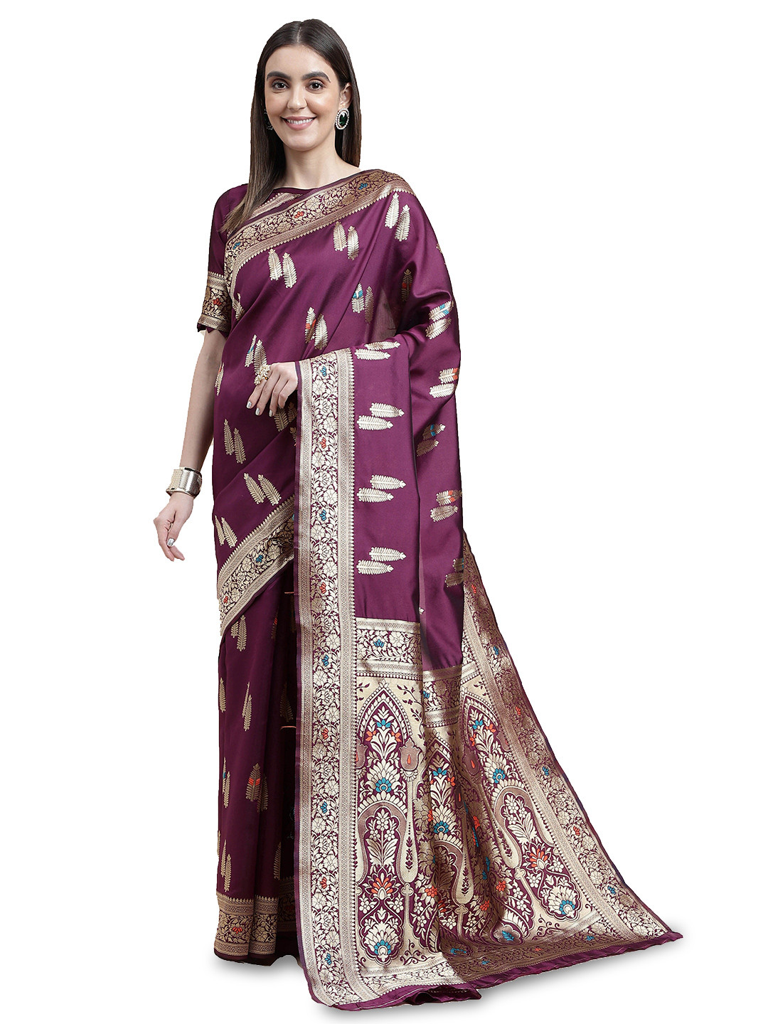 

MANVAA Ethnic Motifs Woven Design Zari Kanjeevaram Saree, Purple